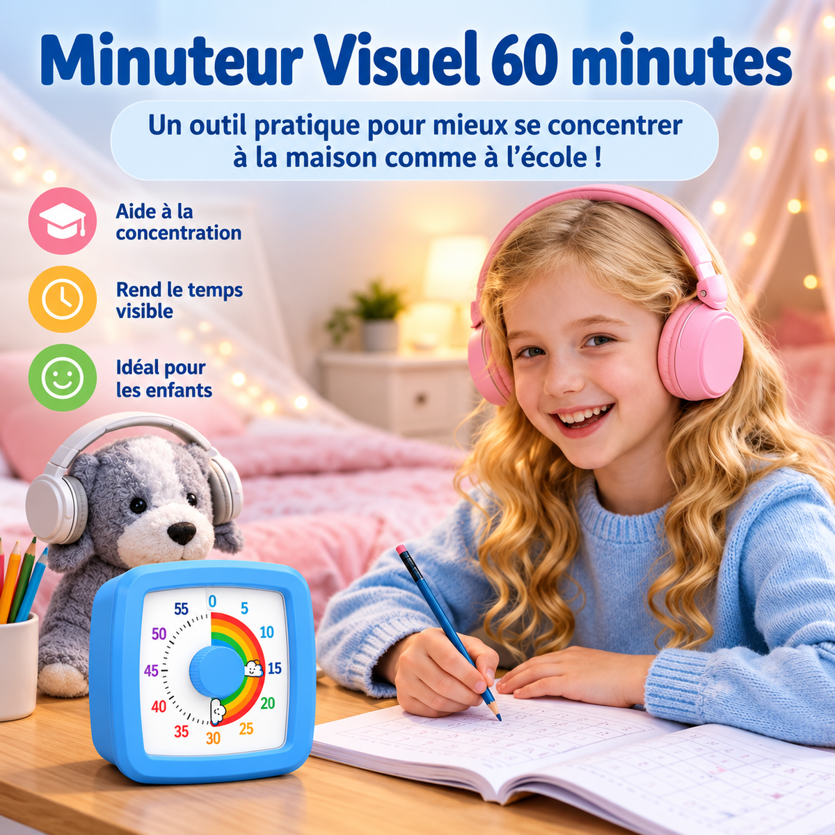 Minuterie visuelle avec veilleuse compte à rebours de 60 minutes